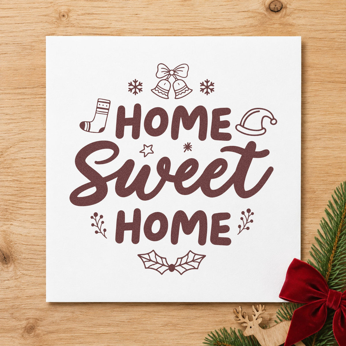 Home Sweet Home Christmas rubber stamp printed in brown ink, ready for spice jar labels and similar paper crafts.