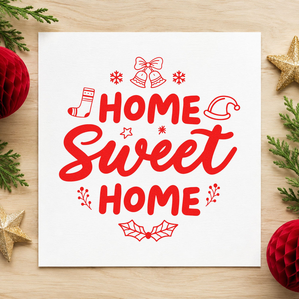 Home Sweet Home Christmas craft stamp in red ink on cardstock, an easy option for door wreath panels.