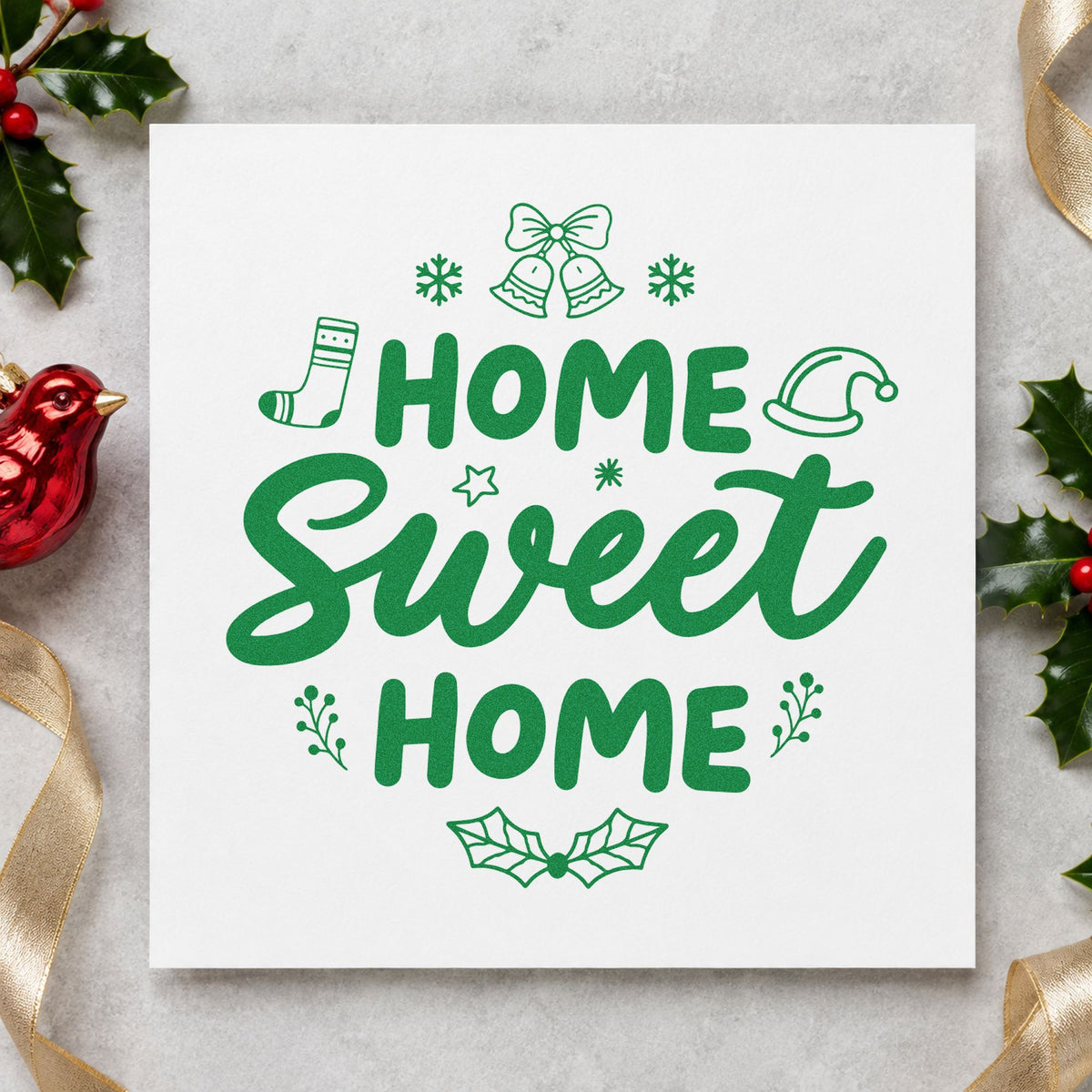Home Sweet Home Christmas craft stamp imprint in green ink on a handmade project, one idea being framed hall console.