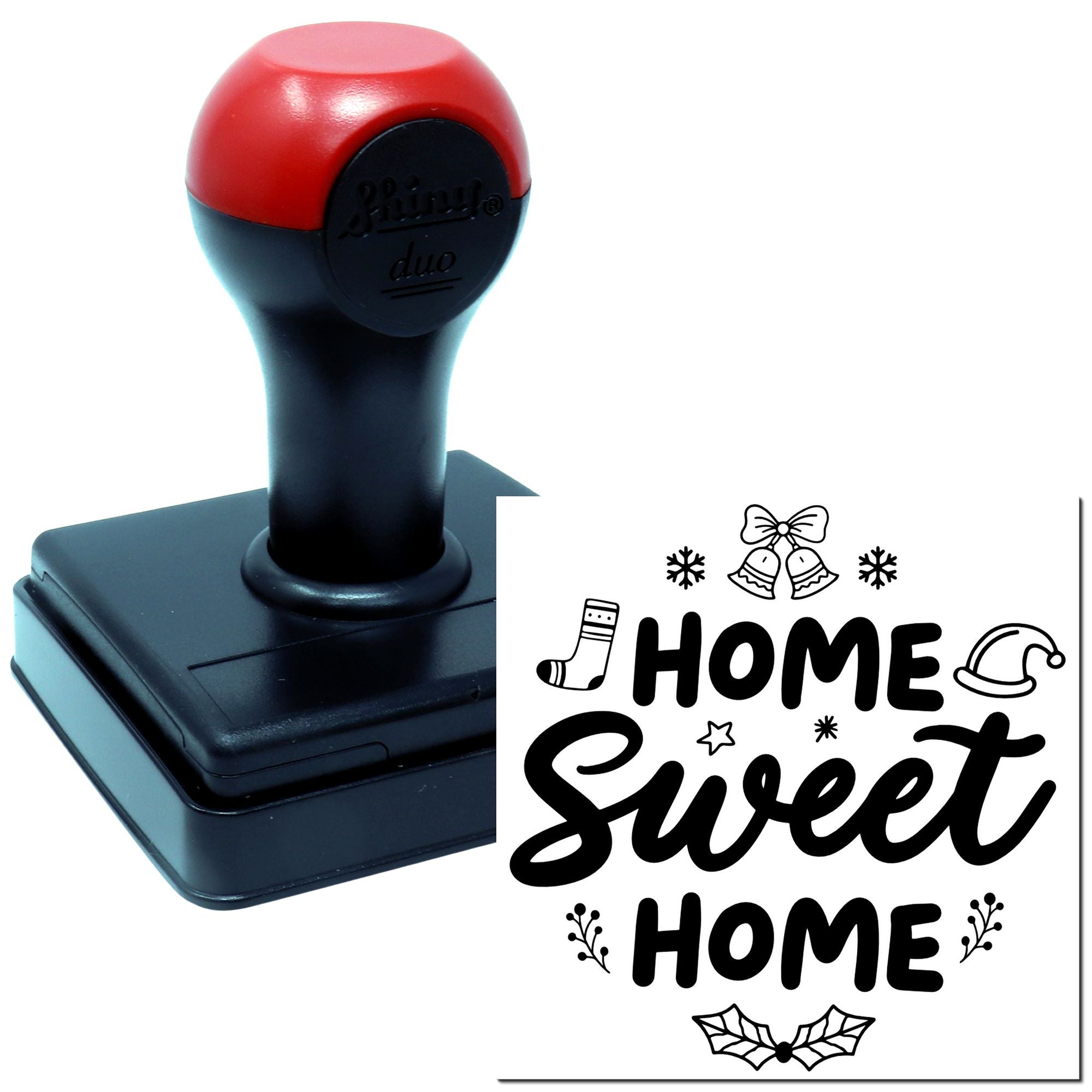 Home Sweet Home self-inking rubber stamp with festive bells, holly, and snowflakes for holiday cards and home dcor.