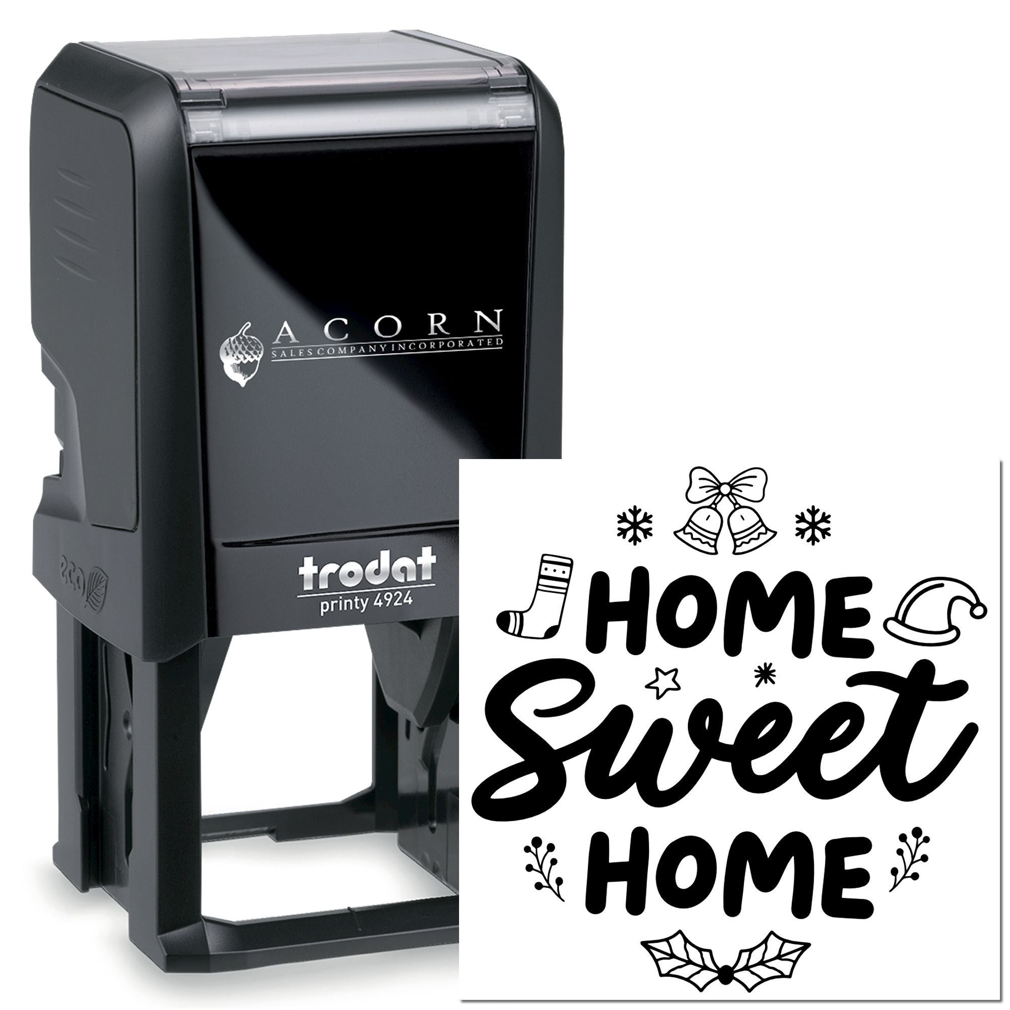 Custom self-inking rubber stamp with Home Sweet Home holiday design, ideal for seasonal home dcor stamping.