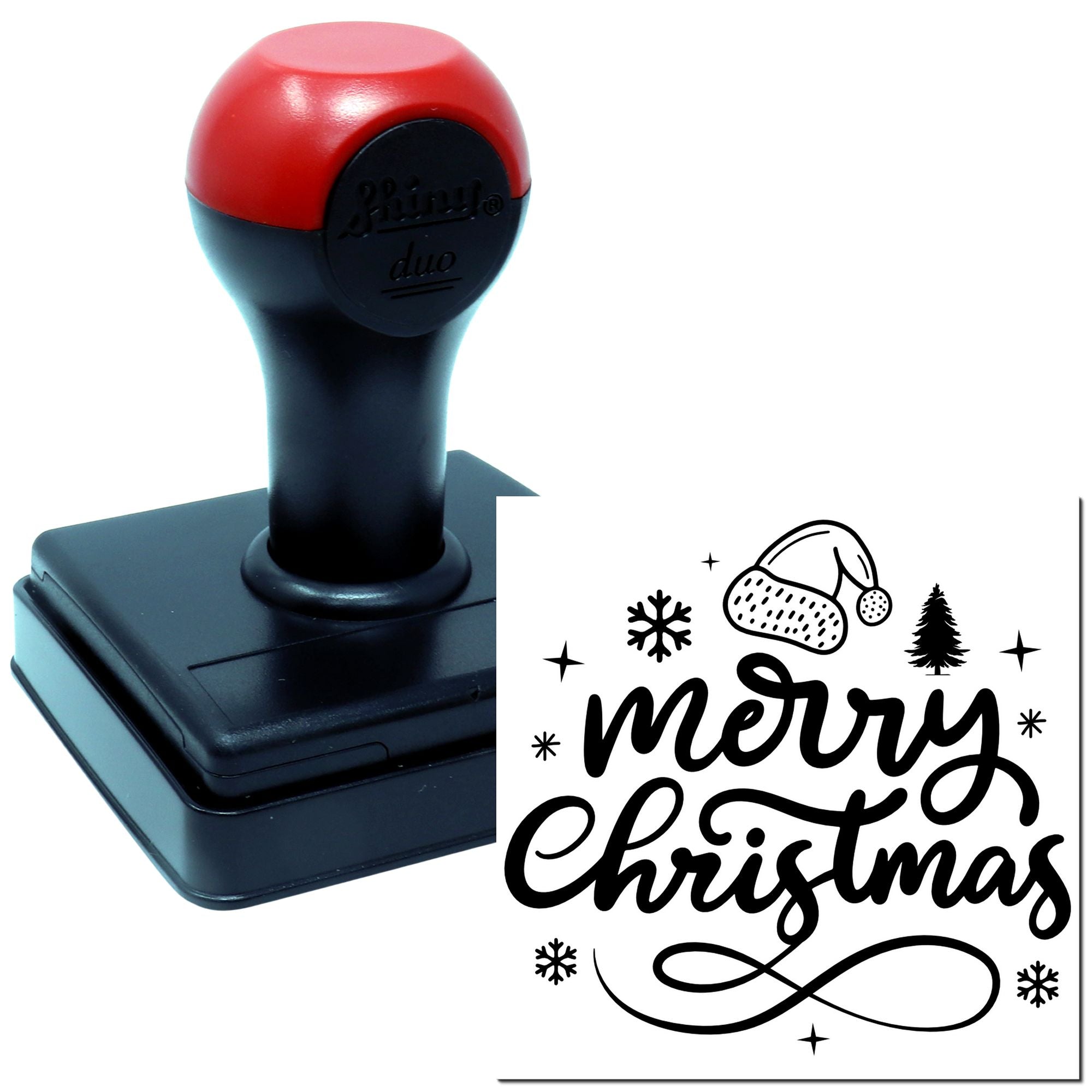 Custom self-inking rubber stamp with Merry Christmas design, Santa hat, snowflakes and tree for holiday card marking.