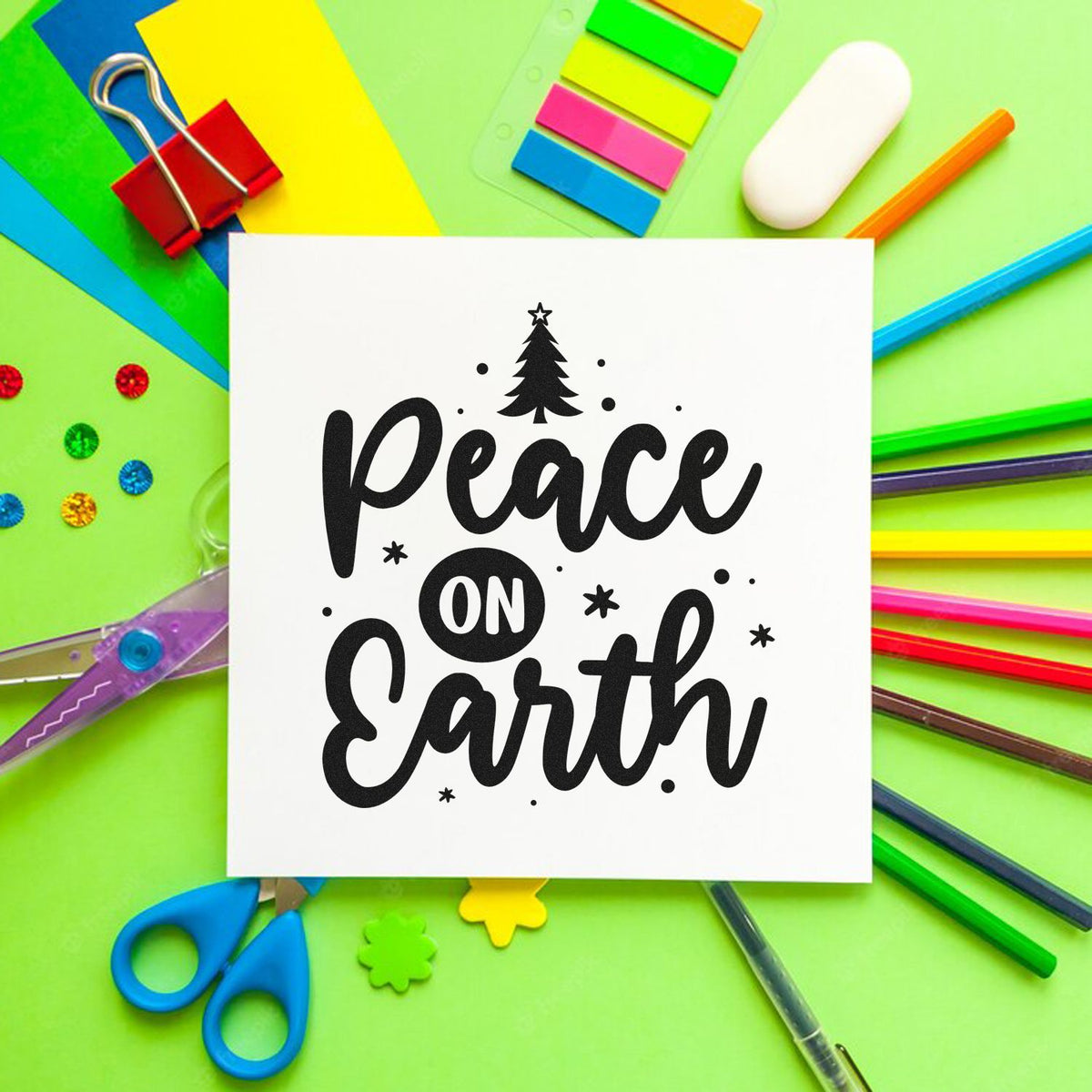 Peace On Earth Tree Premium Wooden Stamp - Vintage Pro imprint stamped in black ink. "Peace on Earth" appears with a small Christmas tree and scattered stars and dots.