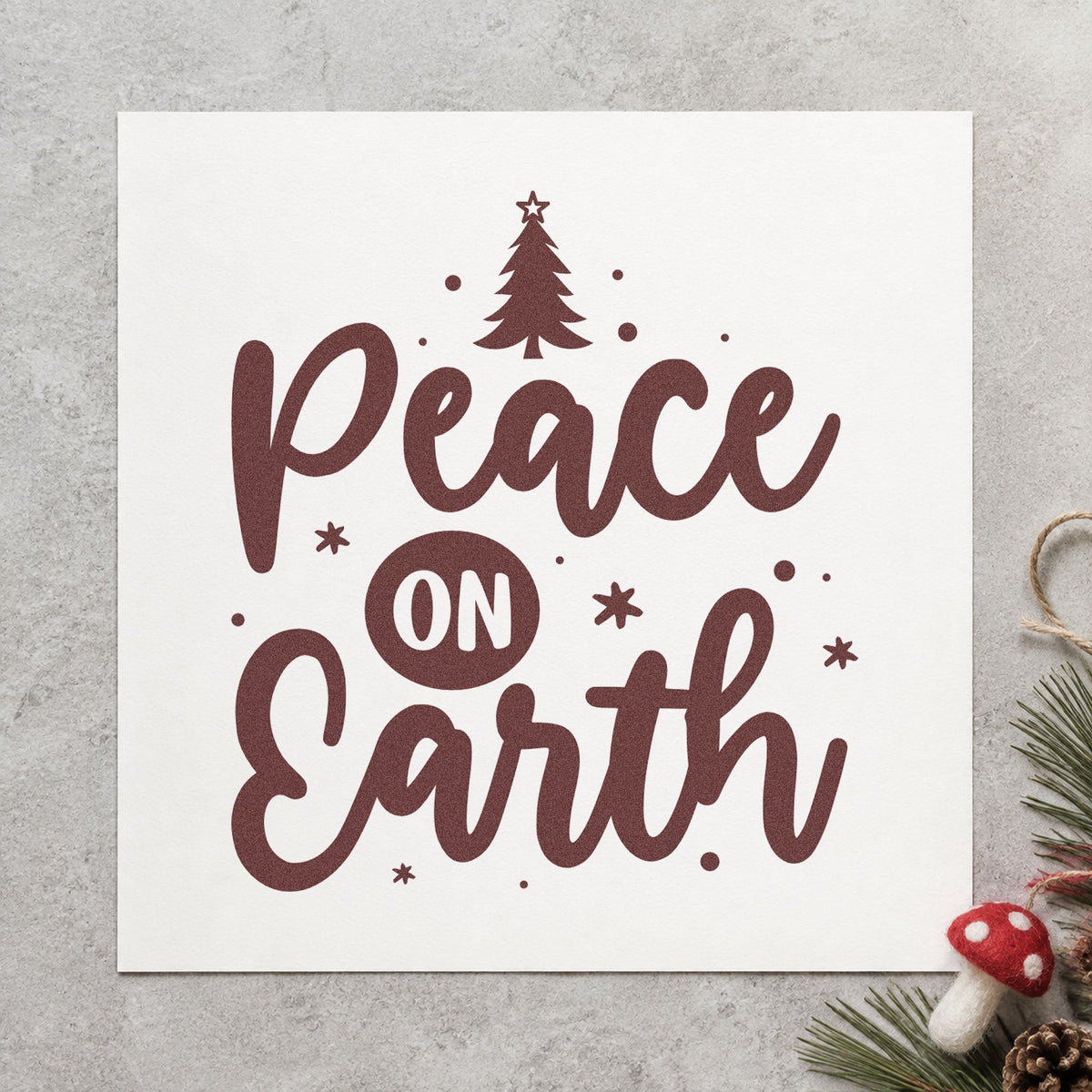 Peace On Earth Tree rubber stamp printed in brown ink, ready for food bank labels and similar paper crafts.