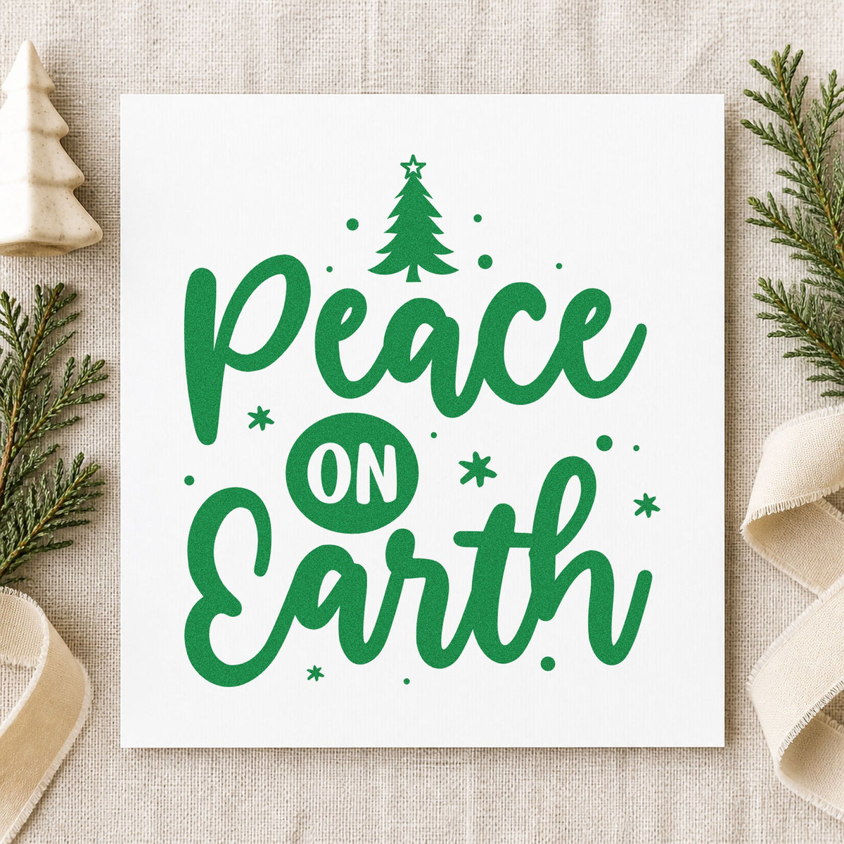 Peace On Earth Tree craft stamp imprint in green ink on a handmade project, one idea being framed quiet chapel.
