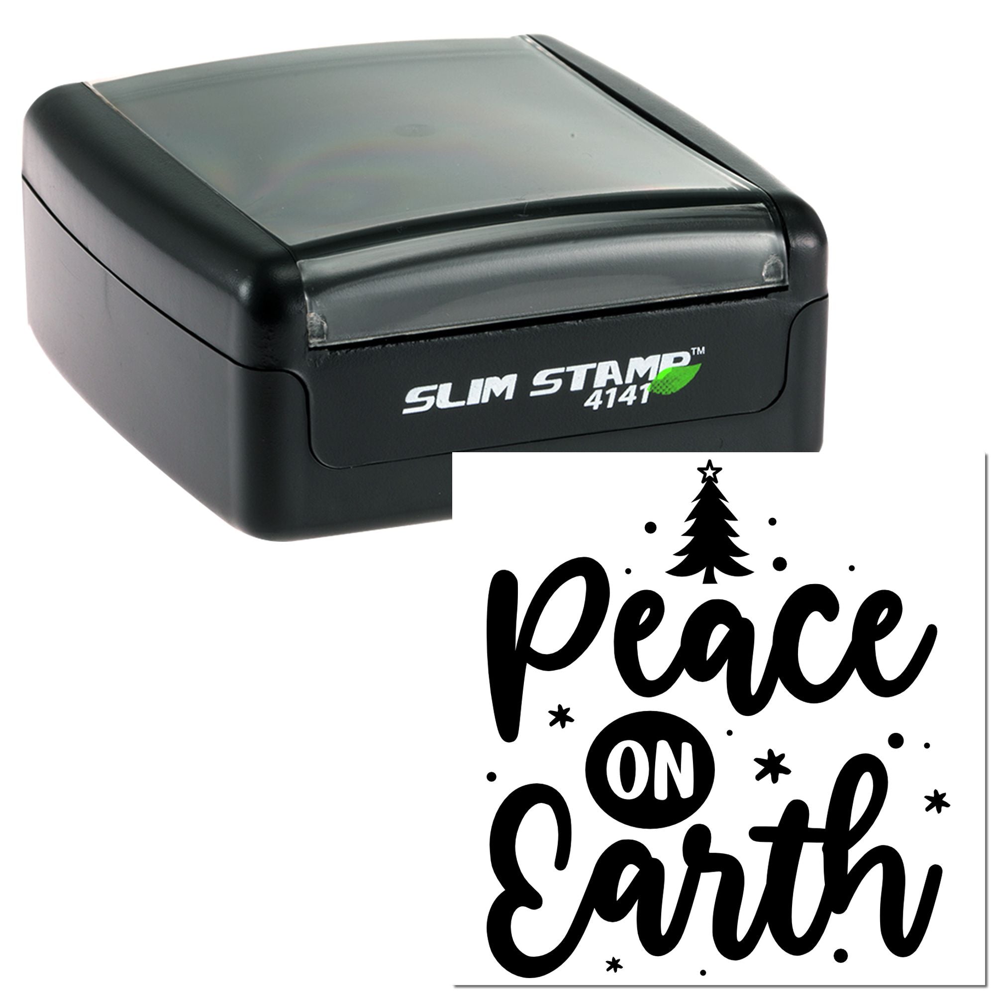 Self-inking rubber stamp with Peace on Earth Christmas tree design for holiday cards, crafts, and seasonal packaging.