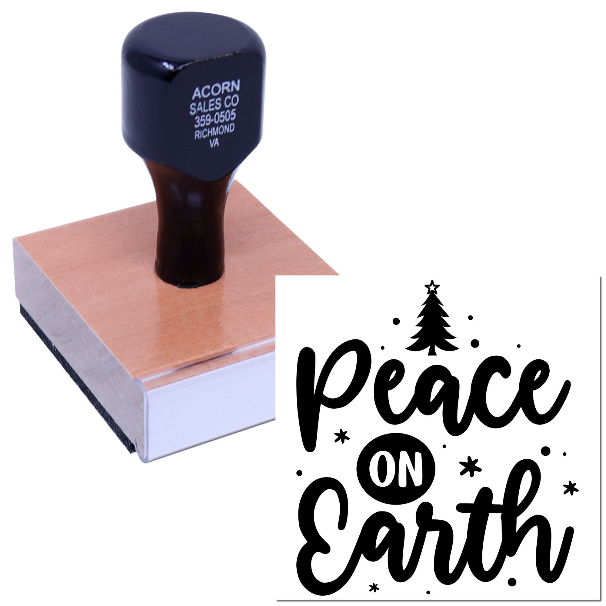 Peace on Earth custom rubber stamp for Christmas cards, holiday crafts, and festive gift packaging.
