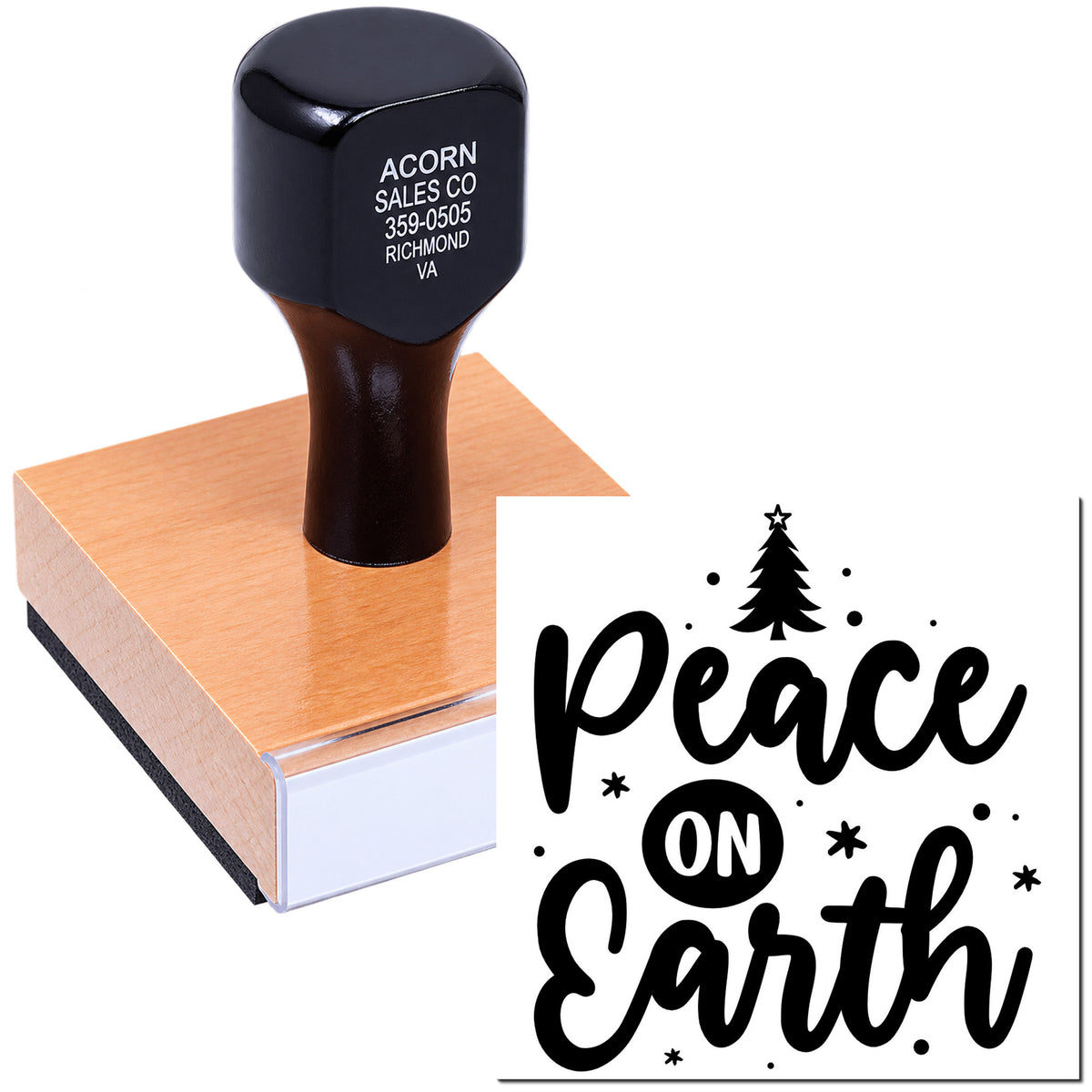 Peace on Earth custom rubber stamp for Christmas cards, holiday crafts, and festive gift packaging.