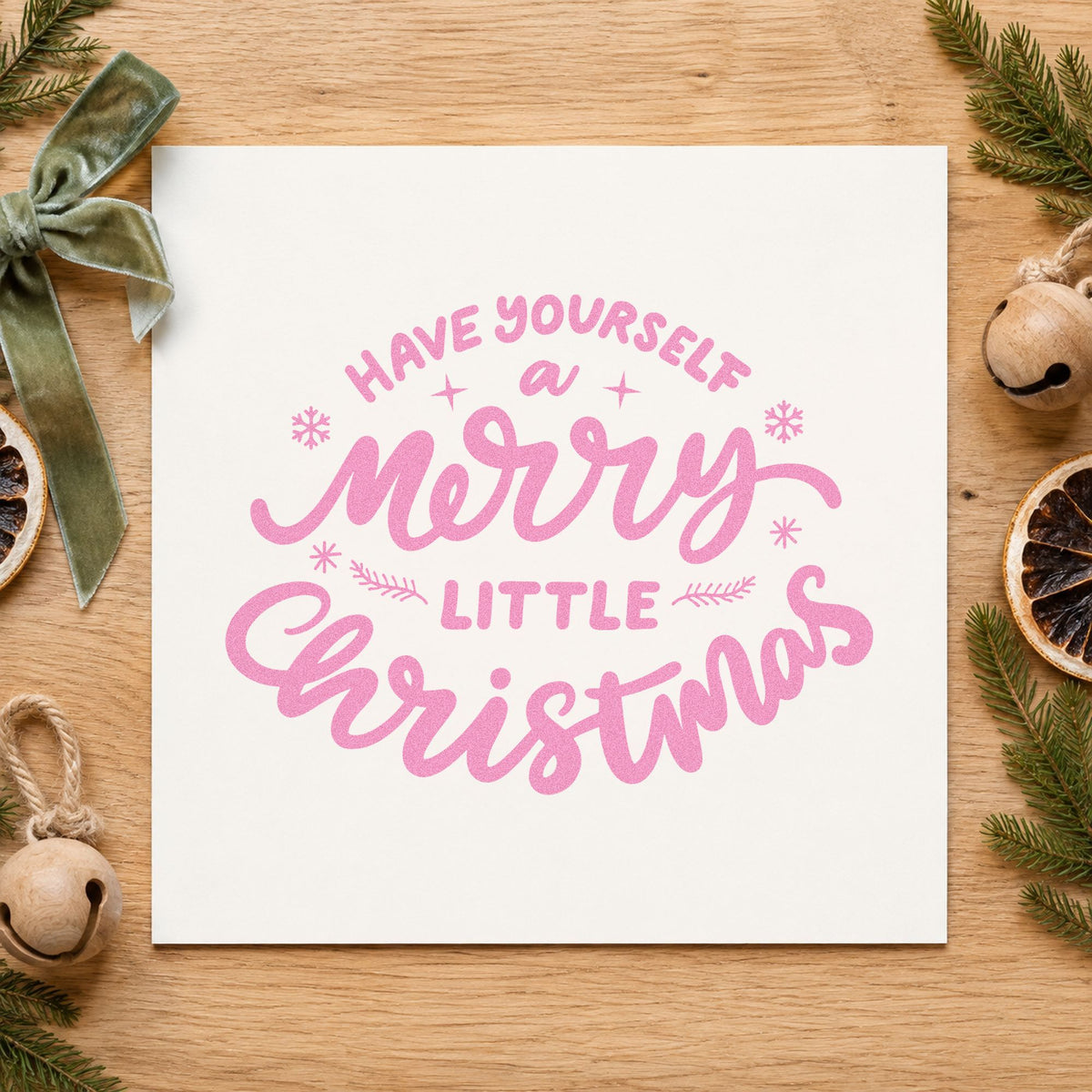 Have Yourself Merry Little Christmas craft stamp in purple ink on cardstock, an easy option for record sleeve tags.