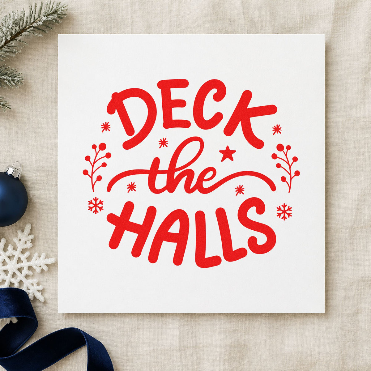 Deck The Halls Sprigs rubber stamp shown in red ink, stamped for projects such as trimming day notes.