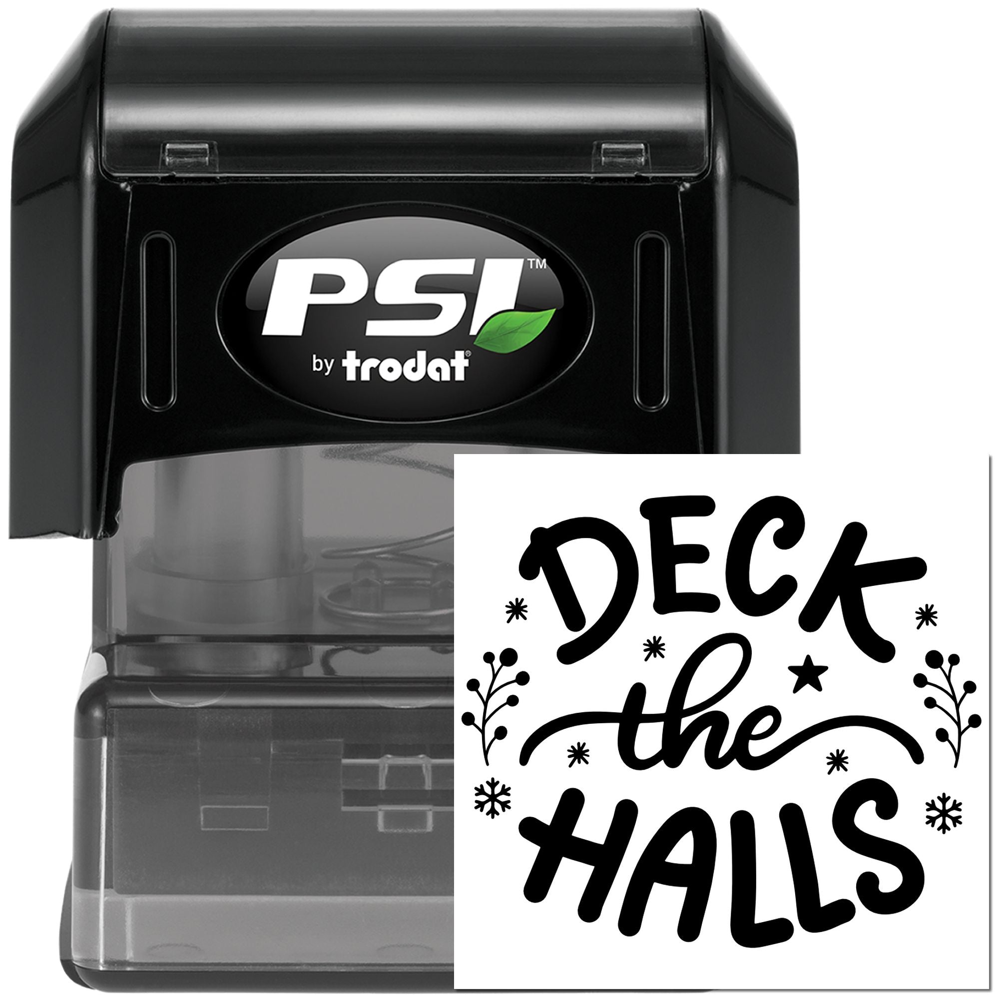 PSI by Trodat self-inking rubber stamp with Deck the Halls design for Christmas cards, crafts, and gift tags.