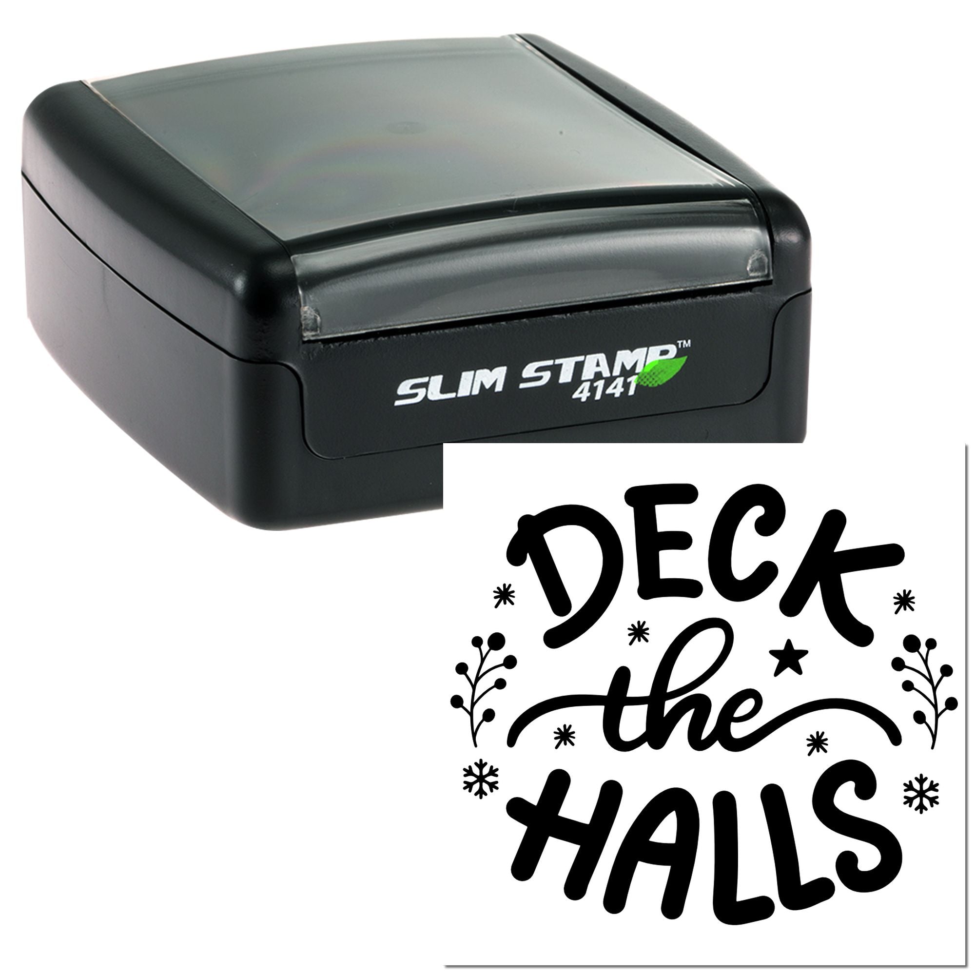 Slim Stamp 4141 self-inking rubber stamp with Deck the Halls holiday design for festive cards and crafts.