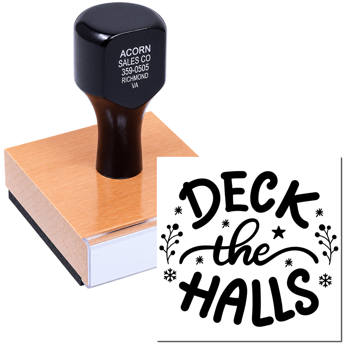 Custom rubber stamp with Deck the Halls design for holiday cards, scrapbooking, and festive craft projects.
