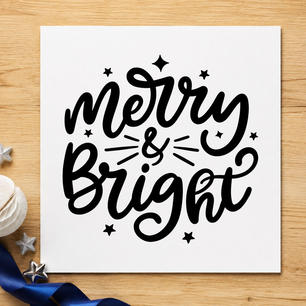 Merry And Bright Stars rubber stamp printed in black ink, ready for radiating script cards and similar paper crafts.