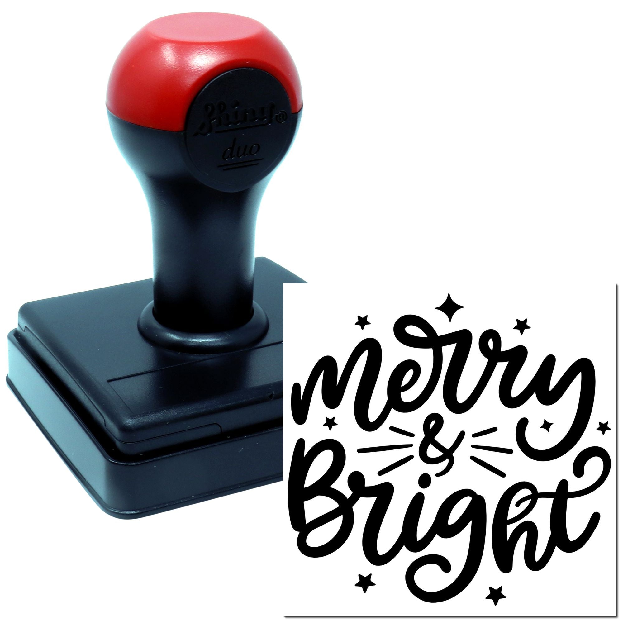Self-inking rubber stamp with Merry & Bright design for holiday cards, crafts, and festive packaging.