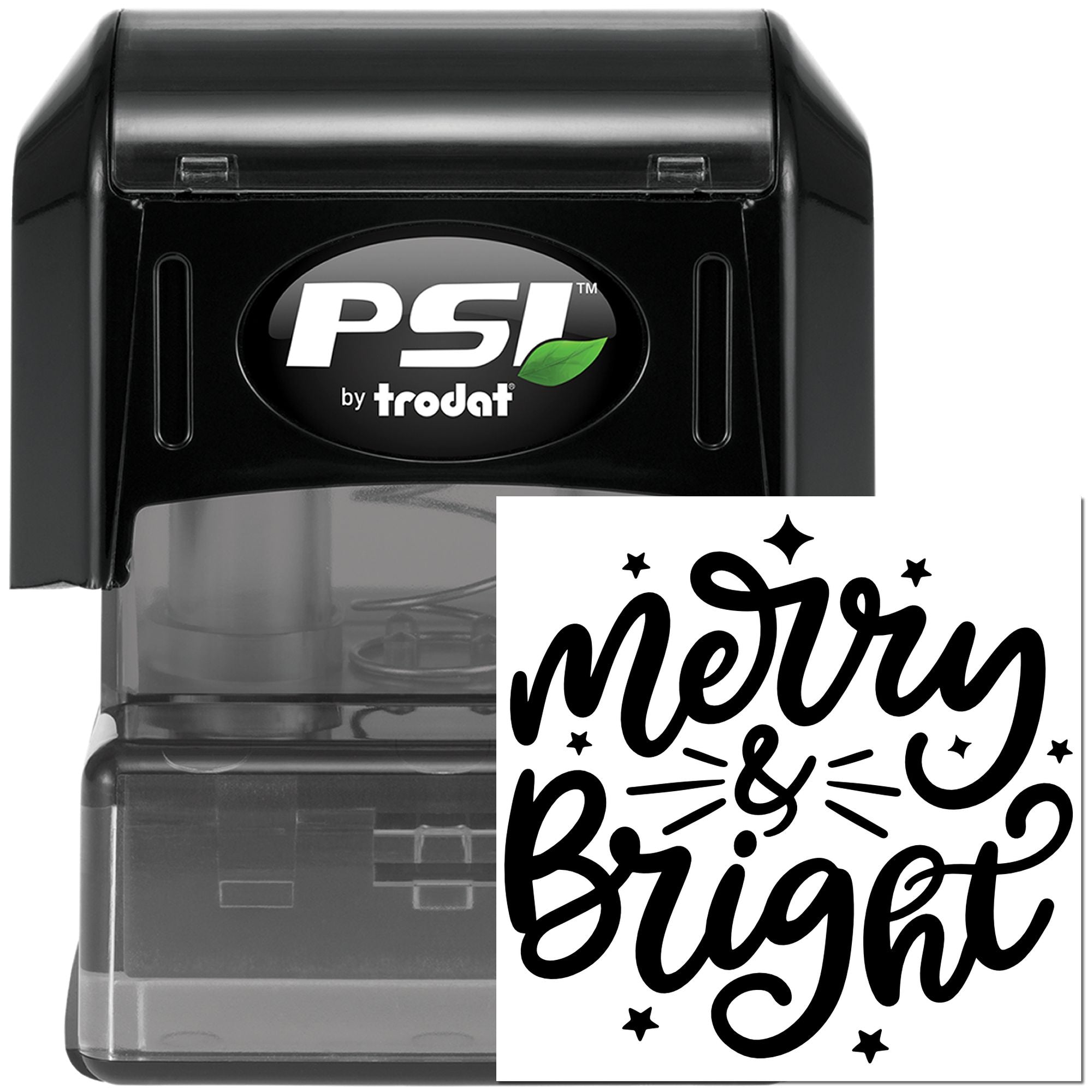 PSI by Trodat self-inking rubber stamp with Merry & Bright holiday design for festive cards, crafts, and packaging.
