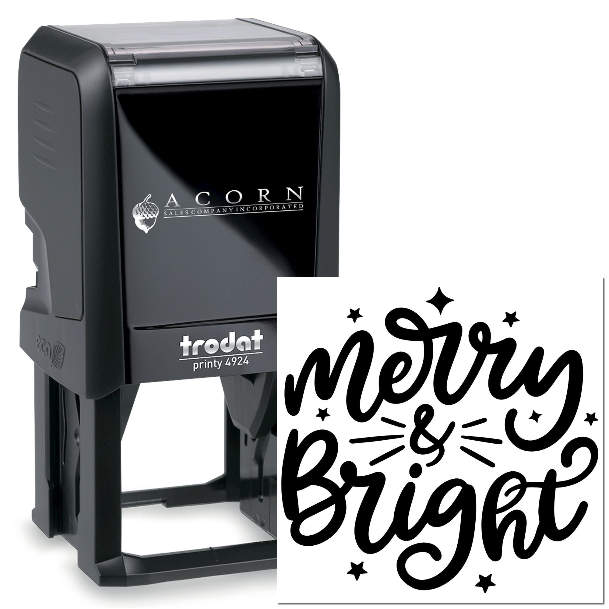 Custom self-inking rubber stamp with Merry & Bright holiday design, ideal for festive cards, packaging, and branding.