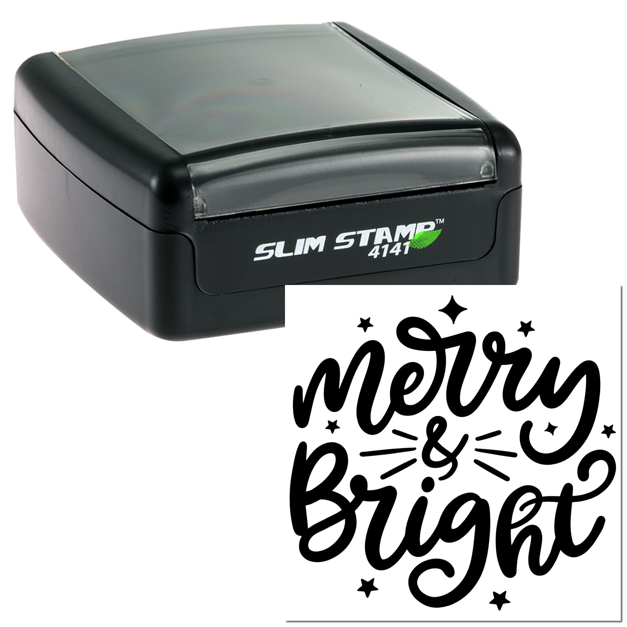 Slim Stamp 4141 self-inking rubber stamp with Merry & Bright holiday message impression
