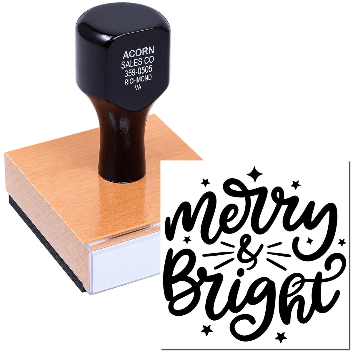 Custom Merry & Bright rubber stamp for holiday cards, gift packaging, and festive craft projects with decorative lettering design.
