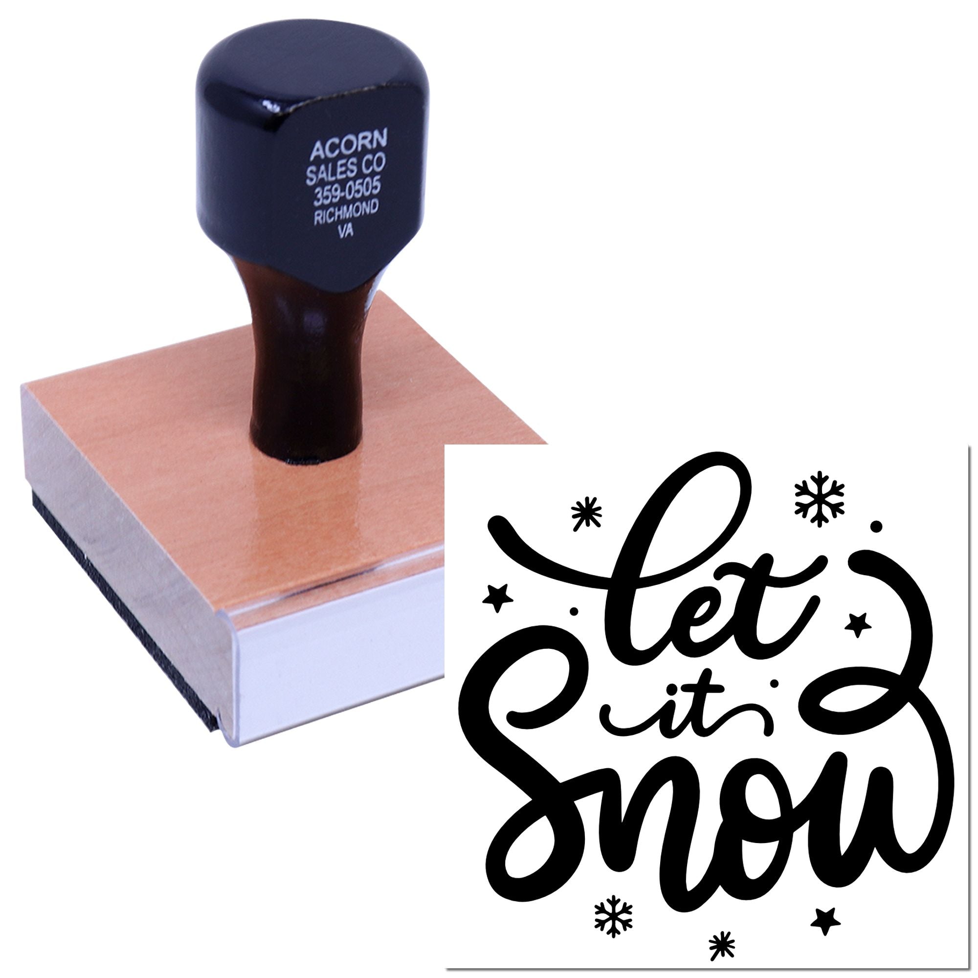 Custom rubber stamp featuring Let It Snow for winter cards, crafts, and seasonal packaging.