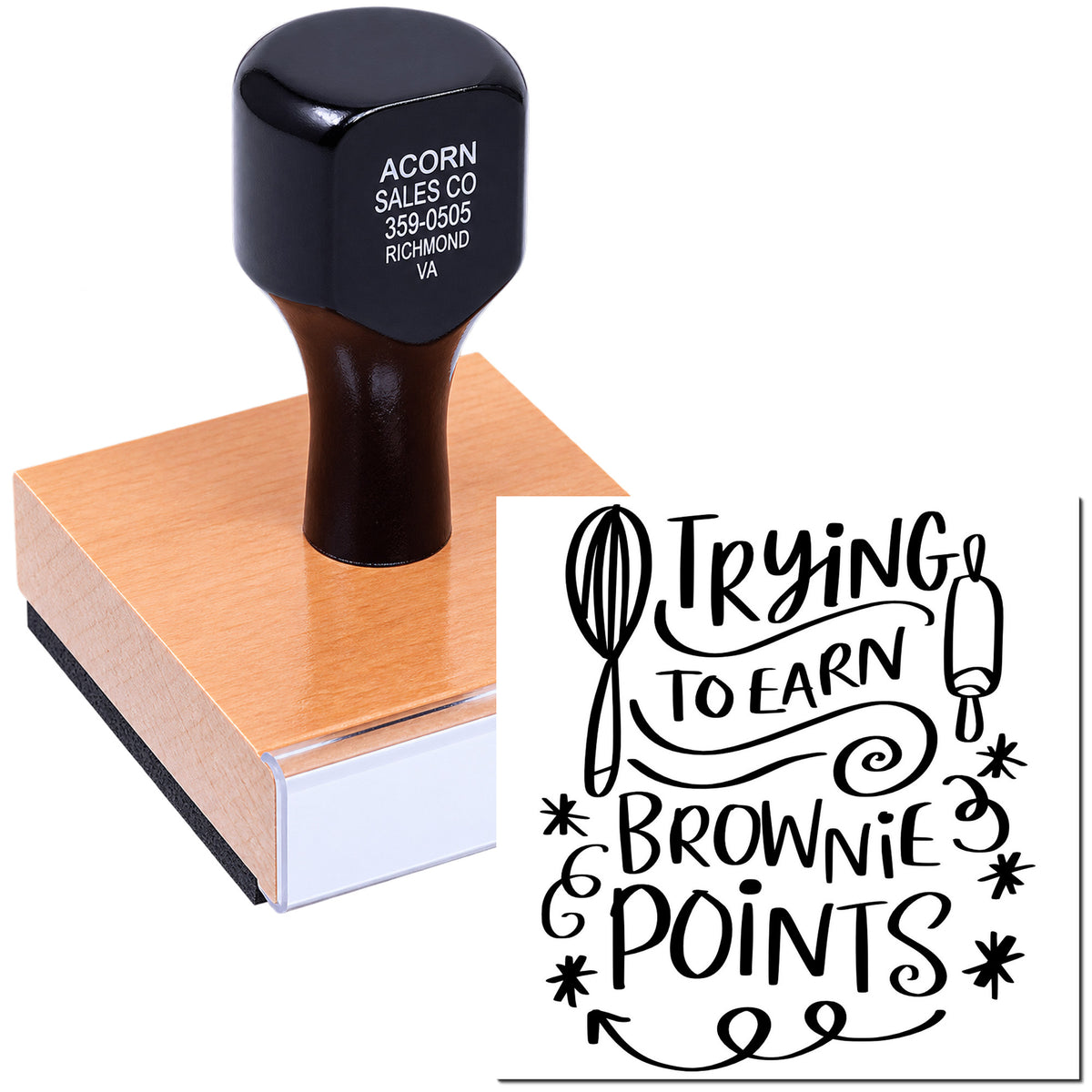 Custom rubber stamp with Trying to Earn Brownie Points design for teachers, bakers, and novelty crafting.