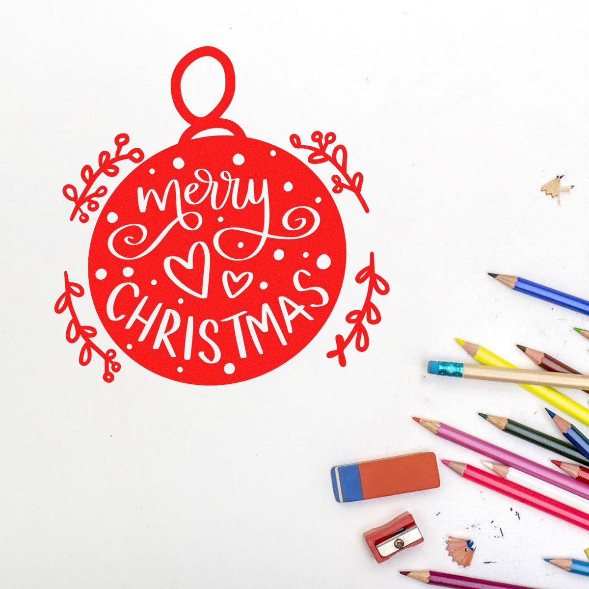 Merry Christmas Round Ornament rubber stamp shown in red ink, stamped for projects such as ornament gift tags.