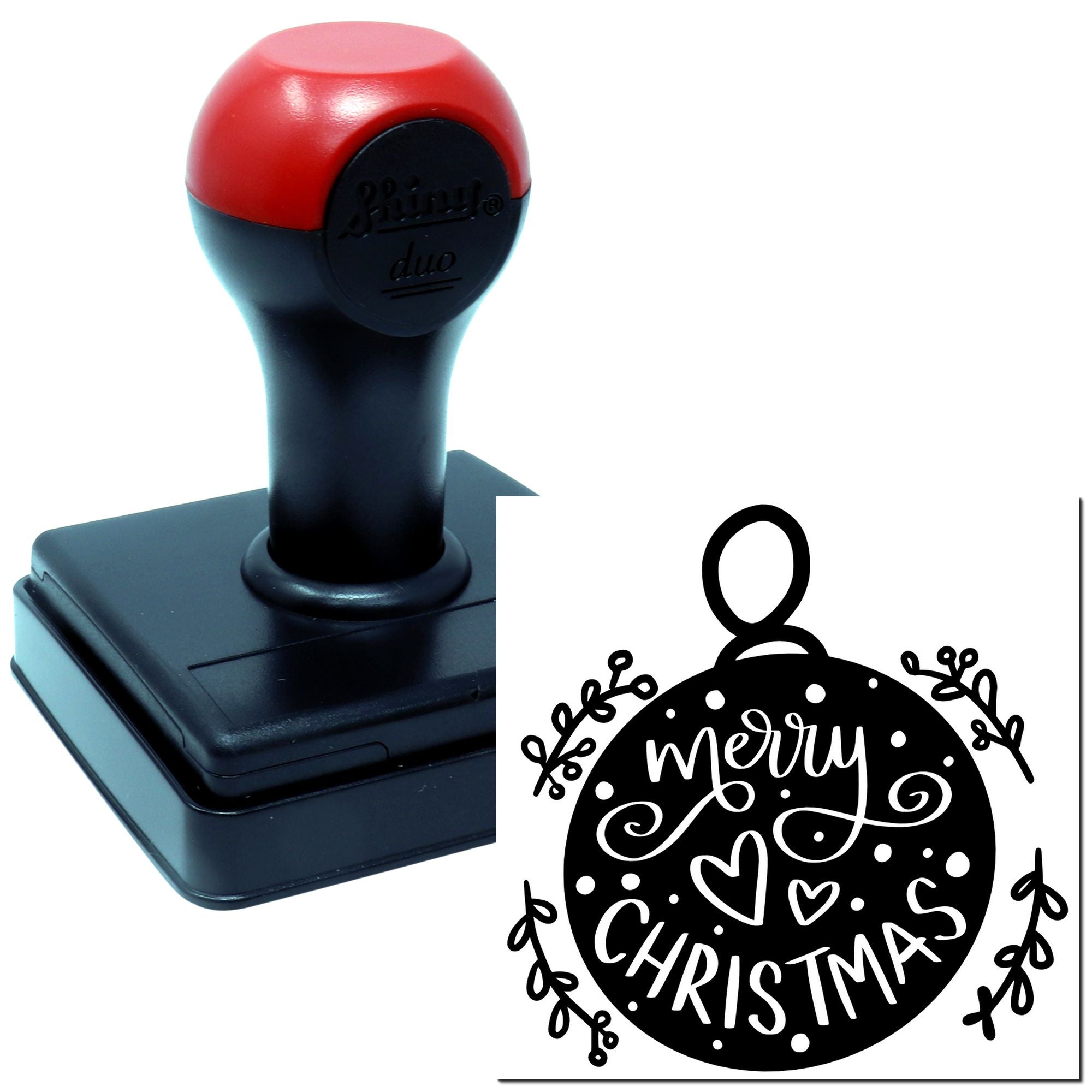 Custom self-inking rubber stamp with Merry Christmas ornament design for holiday cards, crafts, and festive labeling.