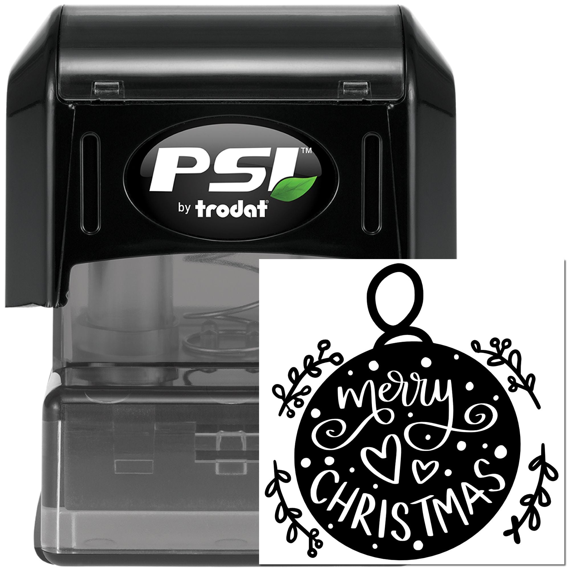 PSI by Trodat self-inking rubber stamp with custom Merry Christmas ornament design for holiday card making.