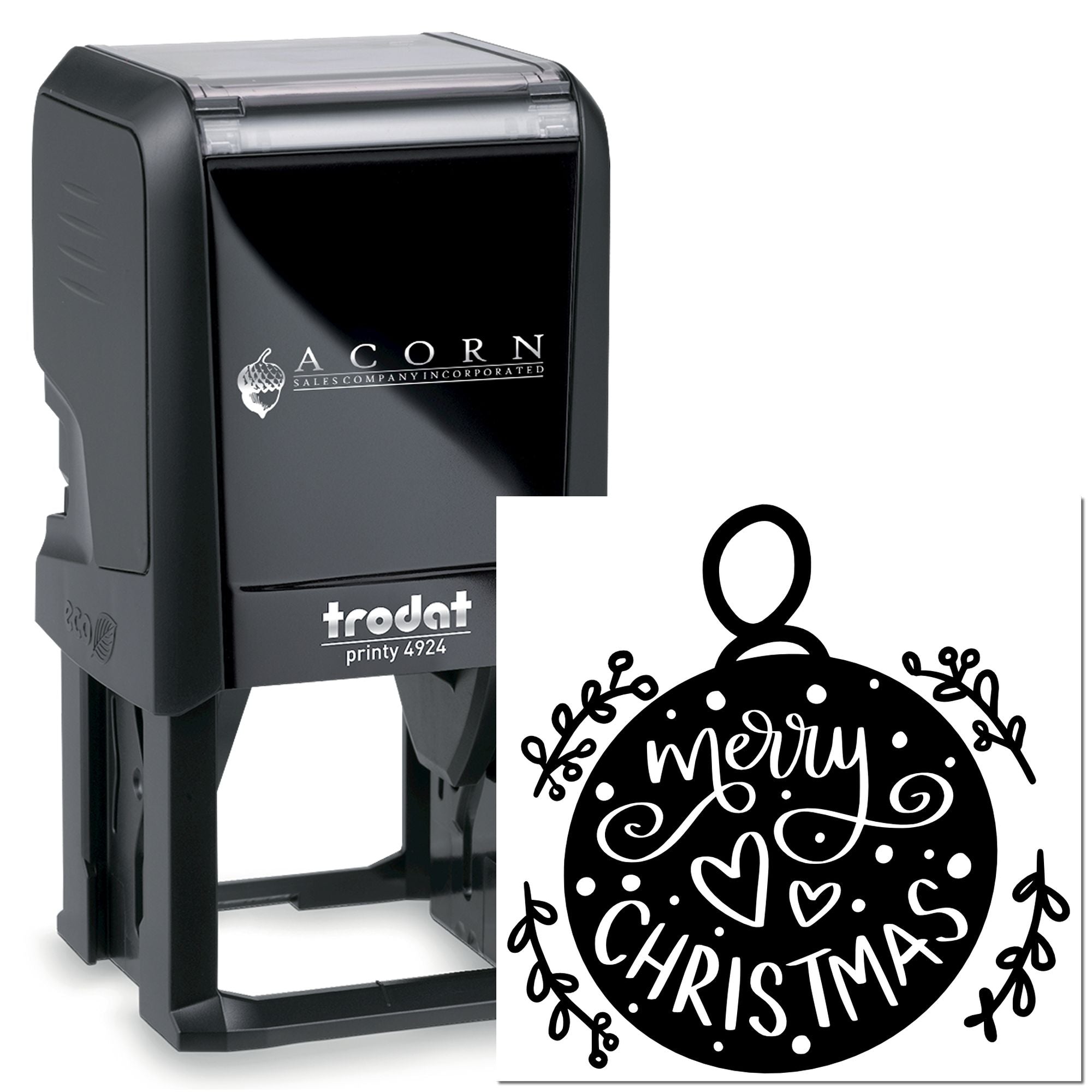 Trodat Printy 4924 self-inking Christmas rubber stamp with Merry Christmas ornament design for holiday cards and gift tags.