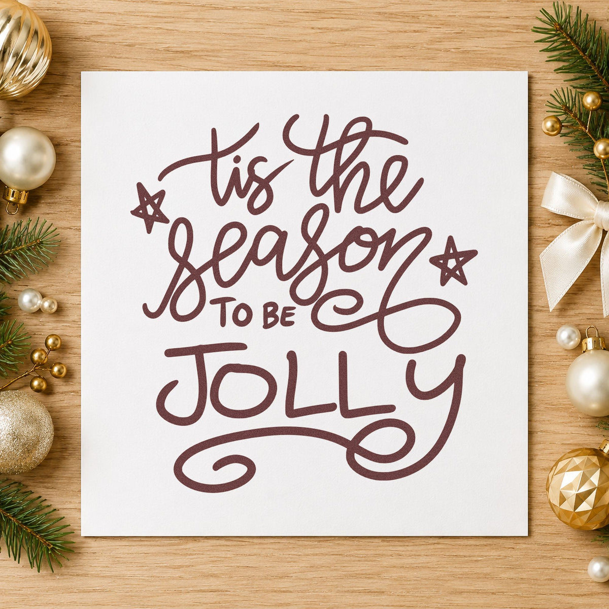 Tis The Season To Be Jolly rubber stamp printed in brown ink, ready for glitter pot labels and similar paper crafts.