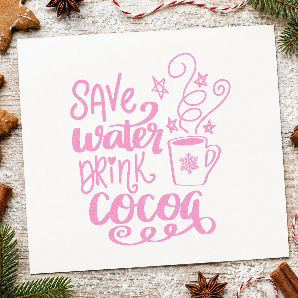 Save Water Drink Cocoa craft stamp in purple ink on cardstock, an easy option for cocoa kit tags.