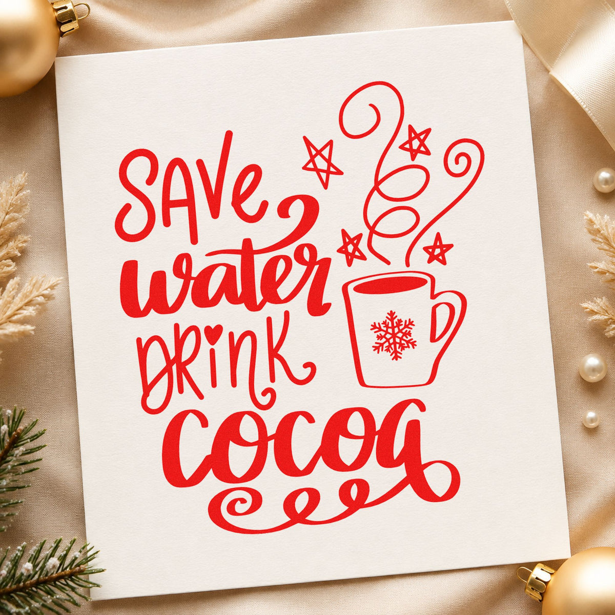 Save Water Drink Cocoa craft stamp in red ink on cardstock, an easy option for mug cozy panels.