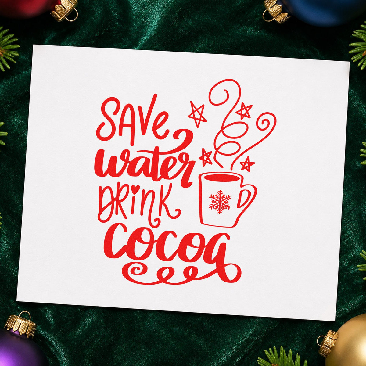 Save Water Drink Cocoa rubber stamp shown in red ink, stamped for projects such as cold snap notes.