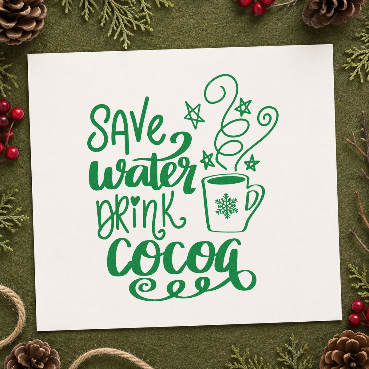 Save Water Drink Cocoa craft stamp imprint in green ink on a handmade project, one idea being framed kitchen hook.