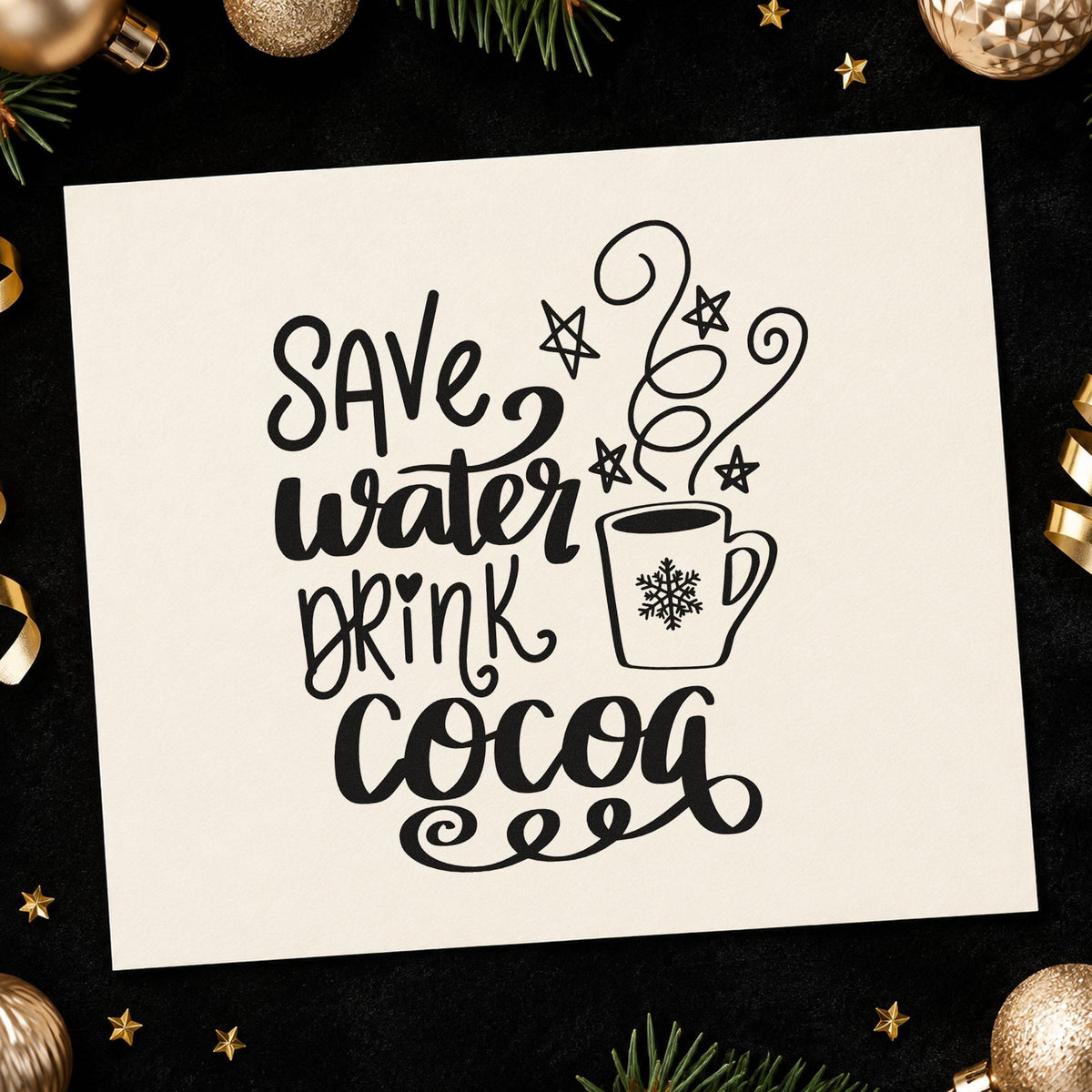 Save Water Drink Cocoa rubber stamp printed in black ink, ready for steaming mug cards and similar paper crafts.