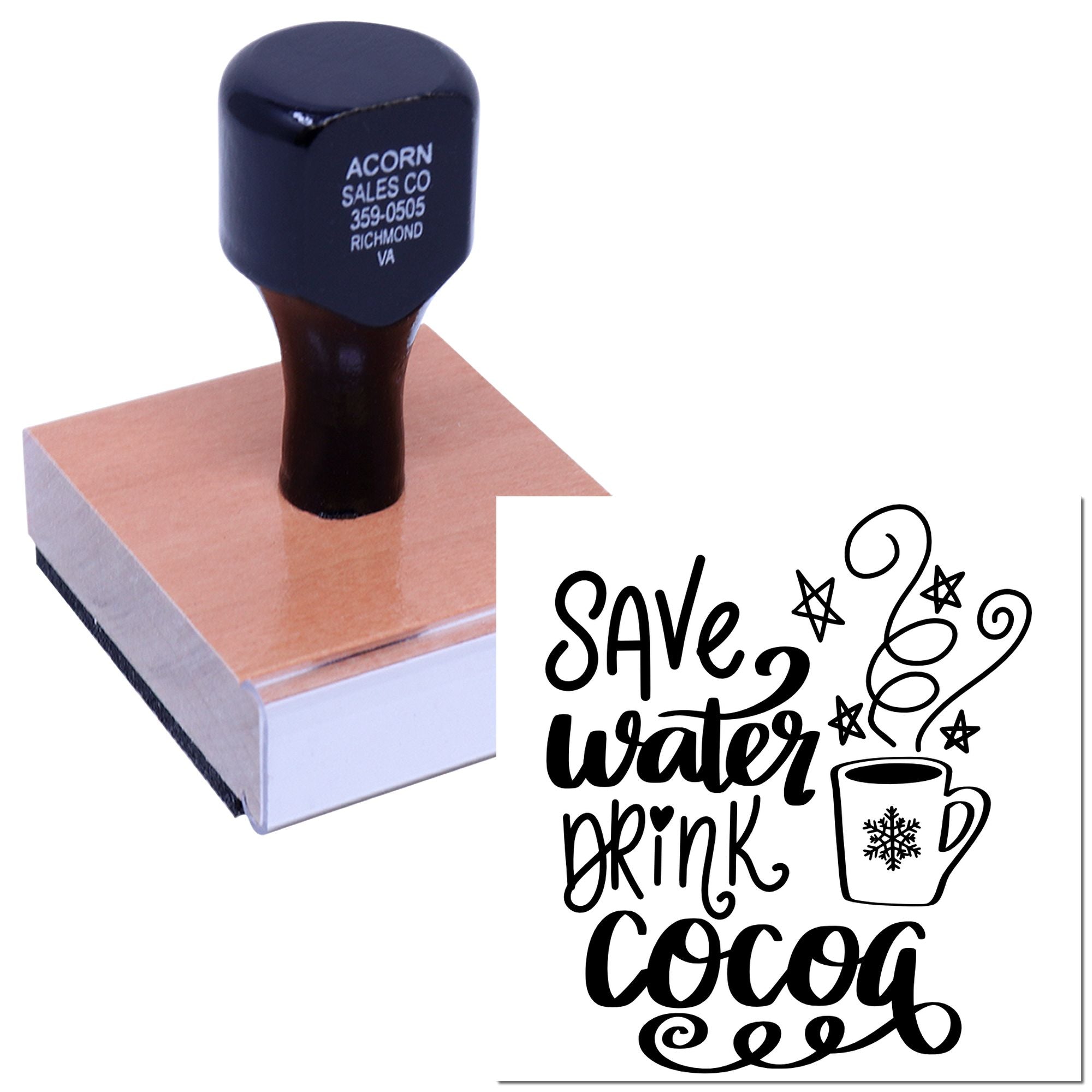 Custom rubber stamp with Save Water, Drink Cocoa holiday design on ink pad for crafting, branding, and seasonal packaging.