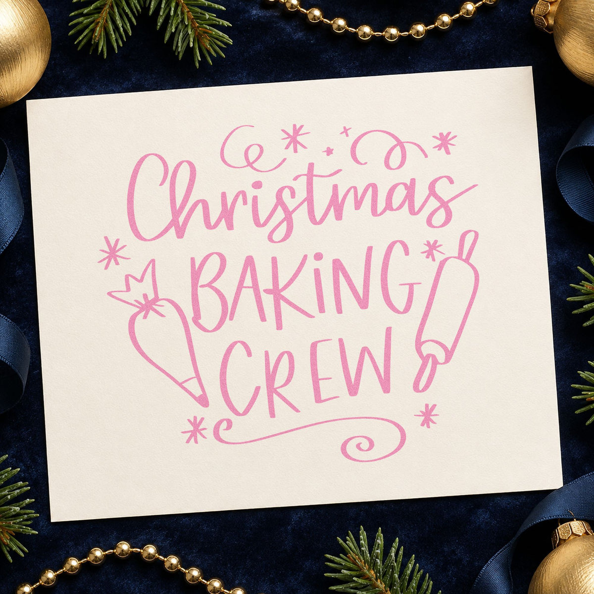 Christmas Baking Crew craft stamp in purple ink on cardstock, an easy option for crew apron tags.