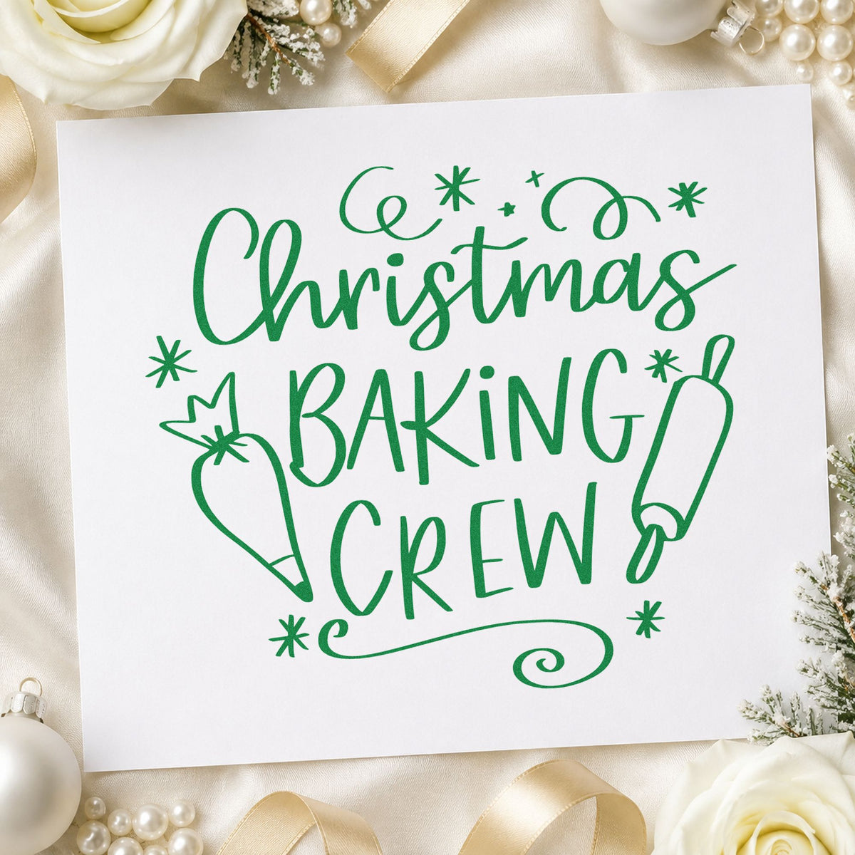 Christmas Baking Crew craft stamp imprint in green ink on a handmade project, one idea being bake rota pages.