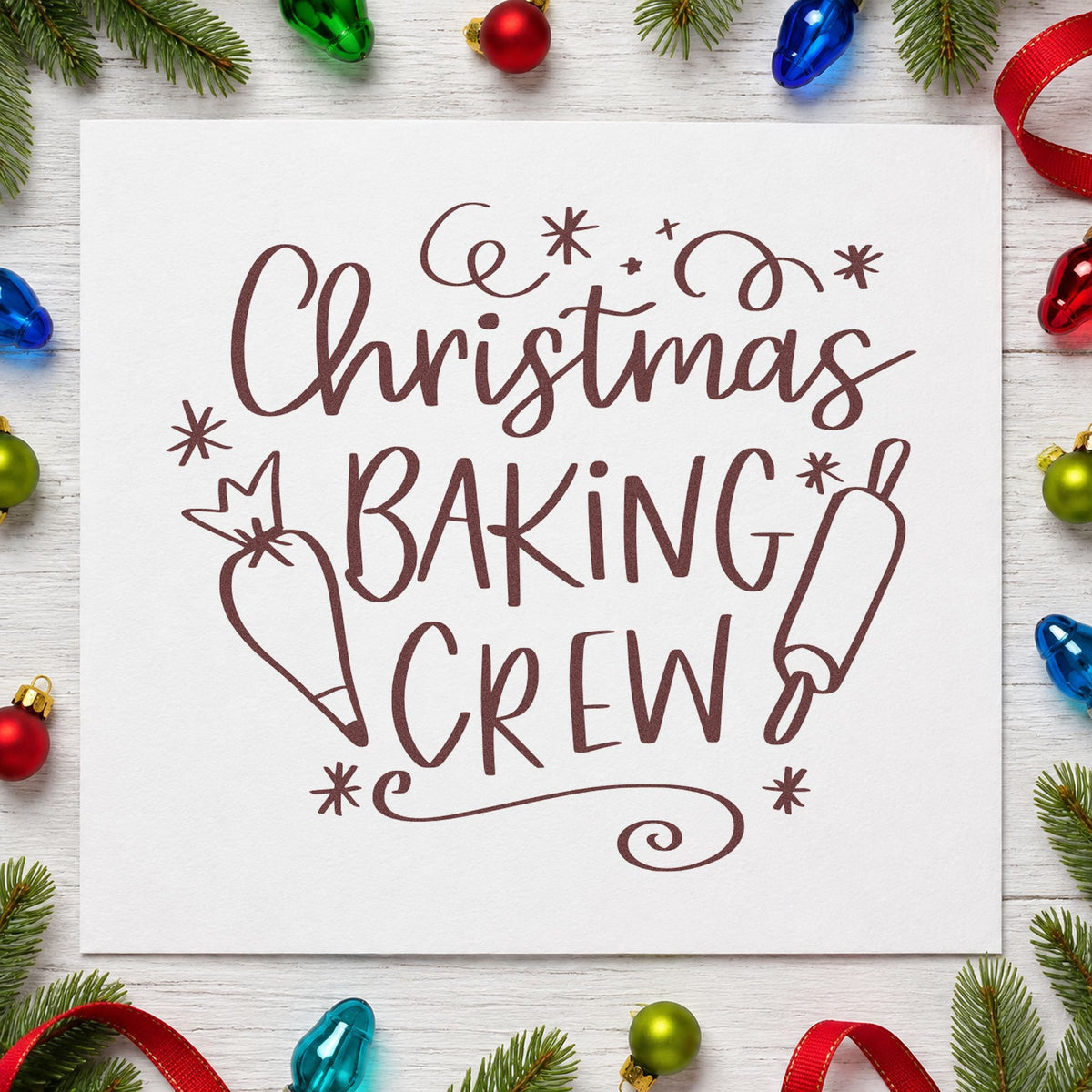 Christmas Baking Crew rubber stamp printed in brown ink, ready for icing pot labels and similar paper crafts.