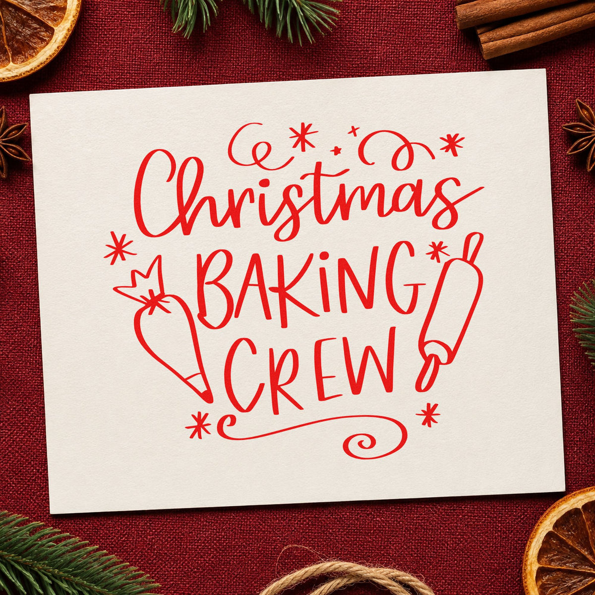 Christmas Baking Crew craft stamp in red ink on cardstock, an easy option for apron pocket panels.