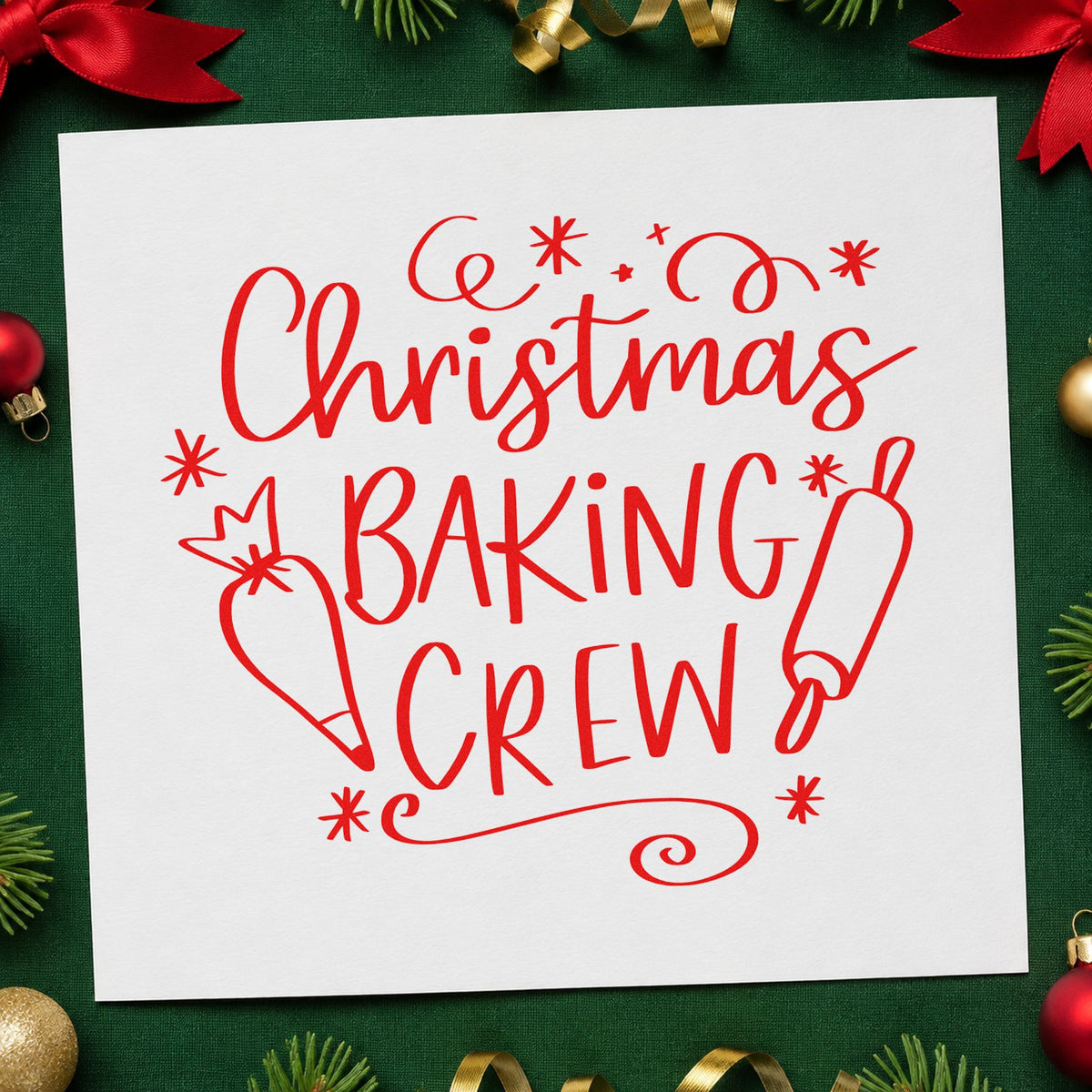 Christmas Baking Crew rubber stamp shown in red ink, stamped for projects such as baking day notes.
