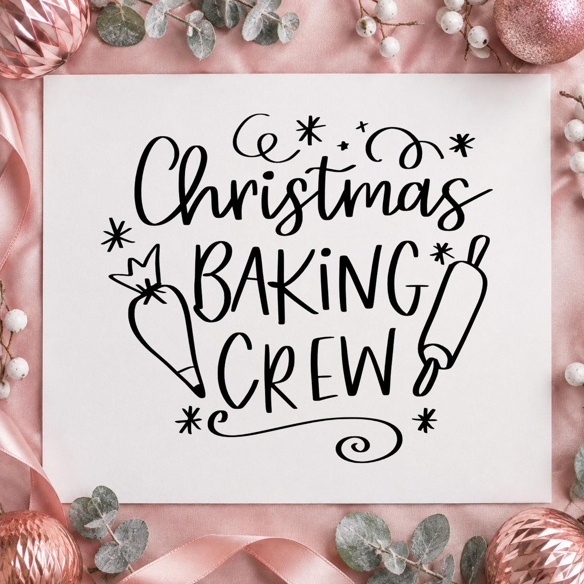 Christmas Baking Crew rubber stamp printed in black ink, ready for piping bag cards and similar paper crafts.