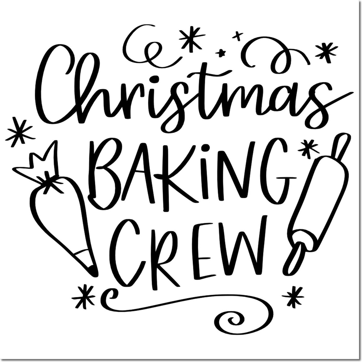 Christmas Baking Crew rubber stamp with rolling pin, pencil and festive doodles for holiday baking projects.