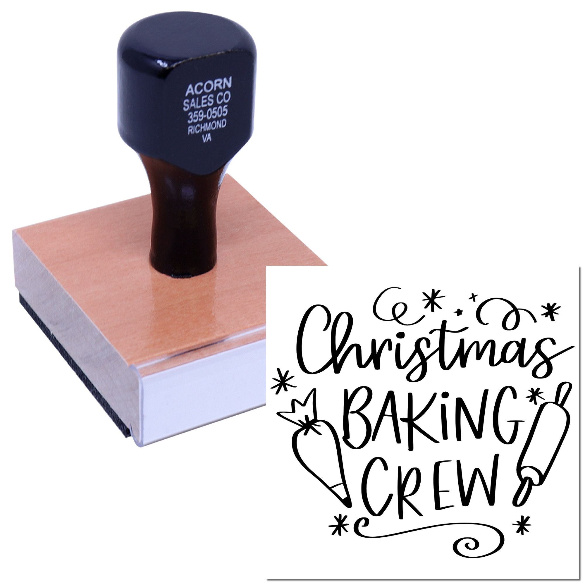 Custom Christmas Baking Crew rubber stamp with festive hand-lettered holiday baking design for cookies and treats.