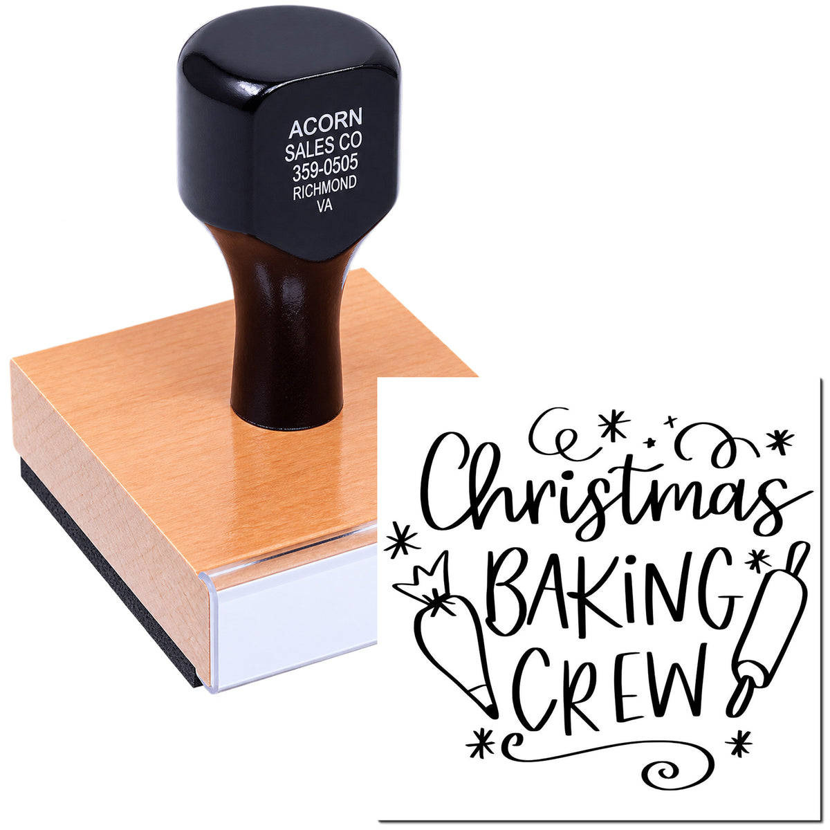 Custom Christmas Baking Crew rubber stamp with festive hand-lettered holiday baking design for cookies and treats.