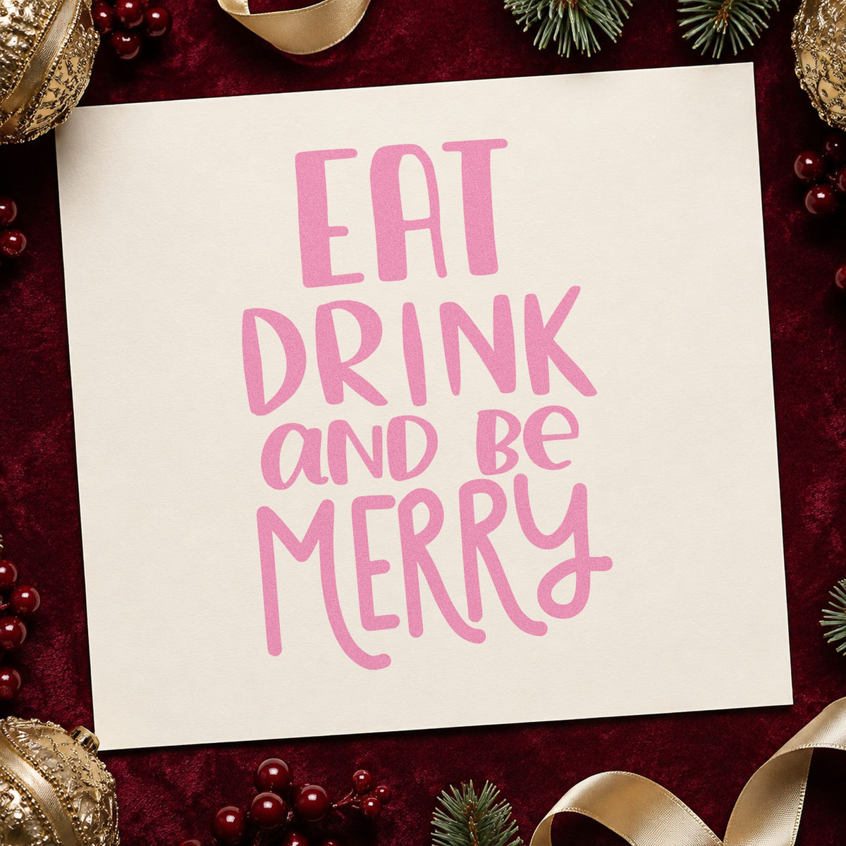 Eat Drink And Be Merry craft stamp in purple ink on cardstock, an easy option for place setting tags.
