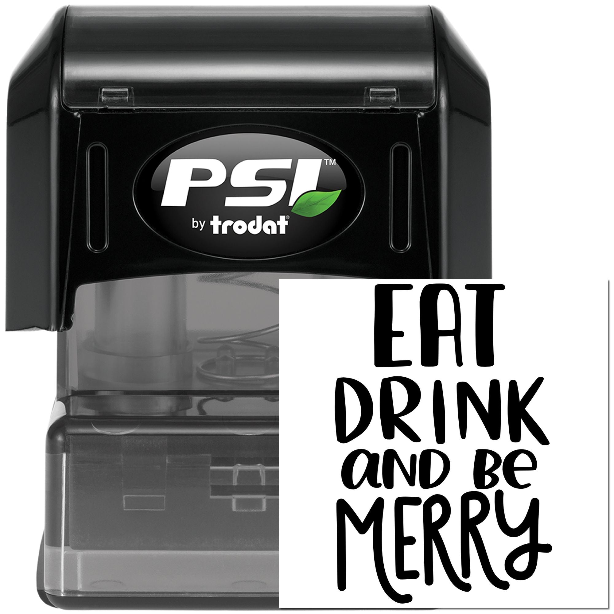 Self-inking rubber stamp with Eat Drink and Be Merry text, ideal for holiday cards, party favors, and festive packaging.