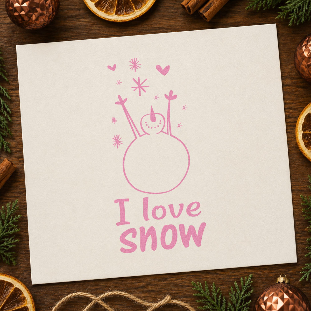 I Love Snow Snowman craft stamp in purple ink on cardstock, an easy option for snowman kit tags.