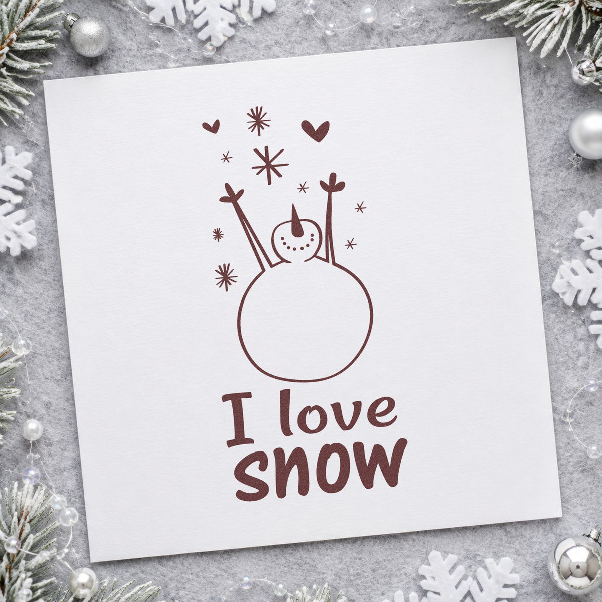 I Love Snow Snowman rubber stamp printed in brown ink, ready for carrot pack labels and similar paper crafts.
