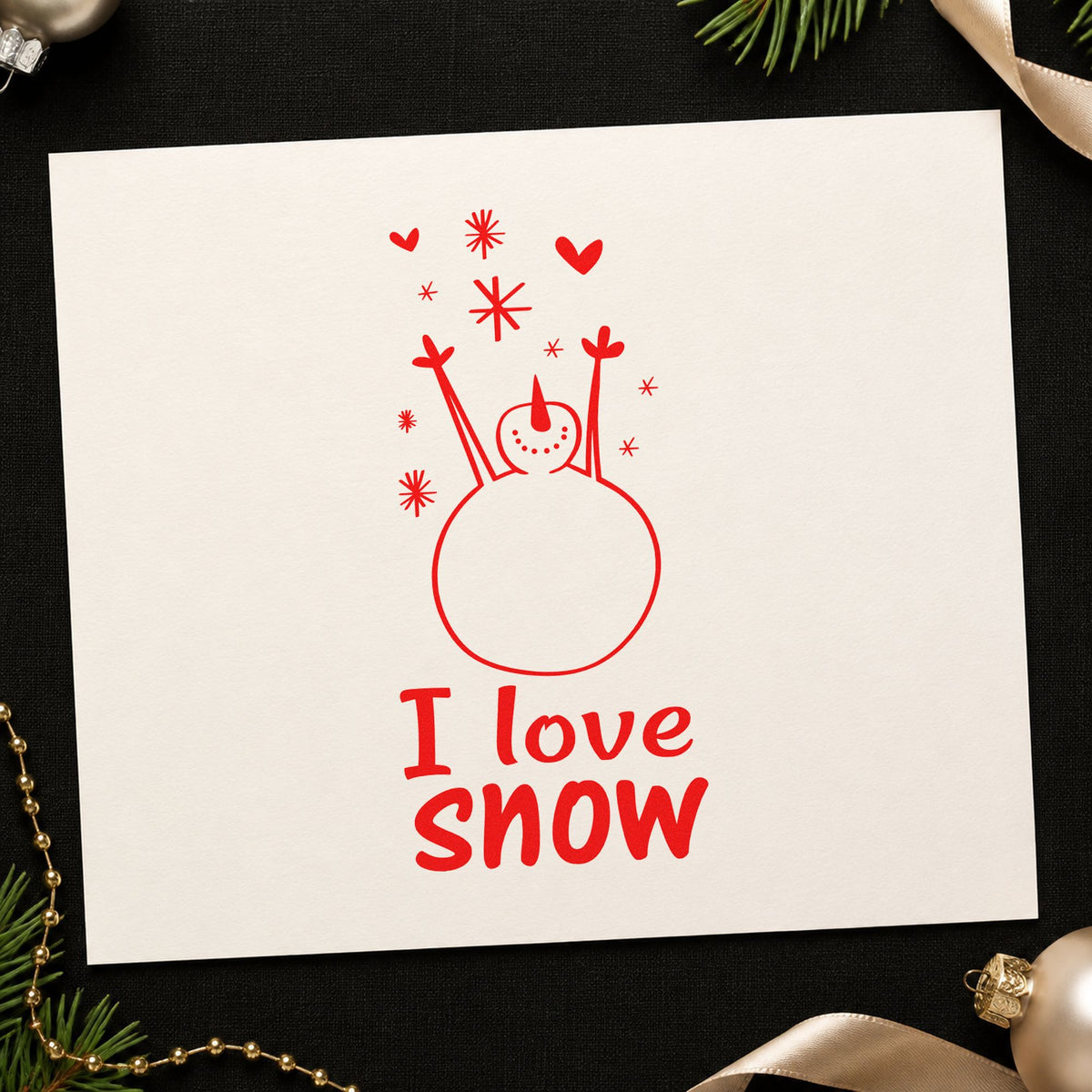 I Love Snow Snowman craft stamp in red ink on cardstock, an easy option for scarf end panels.